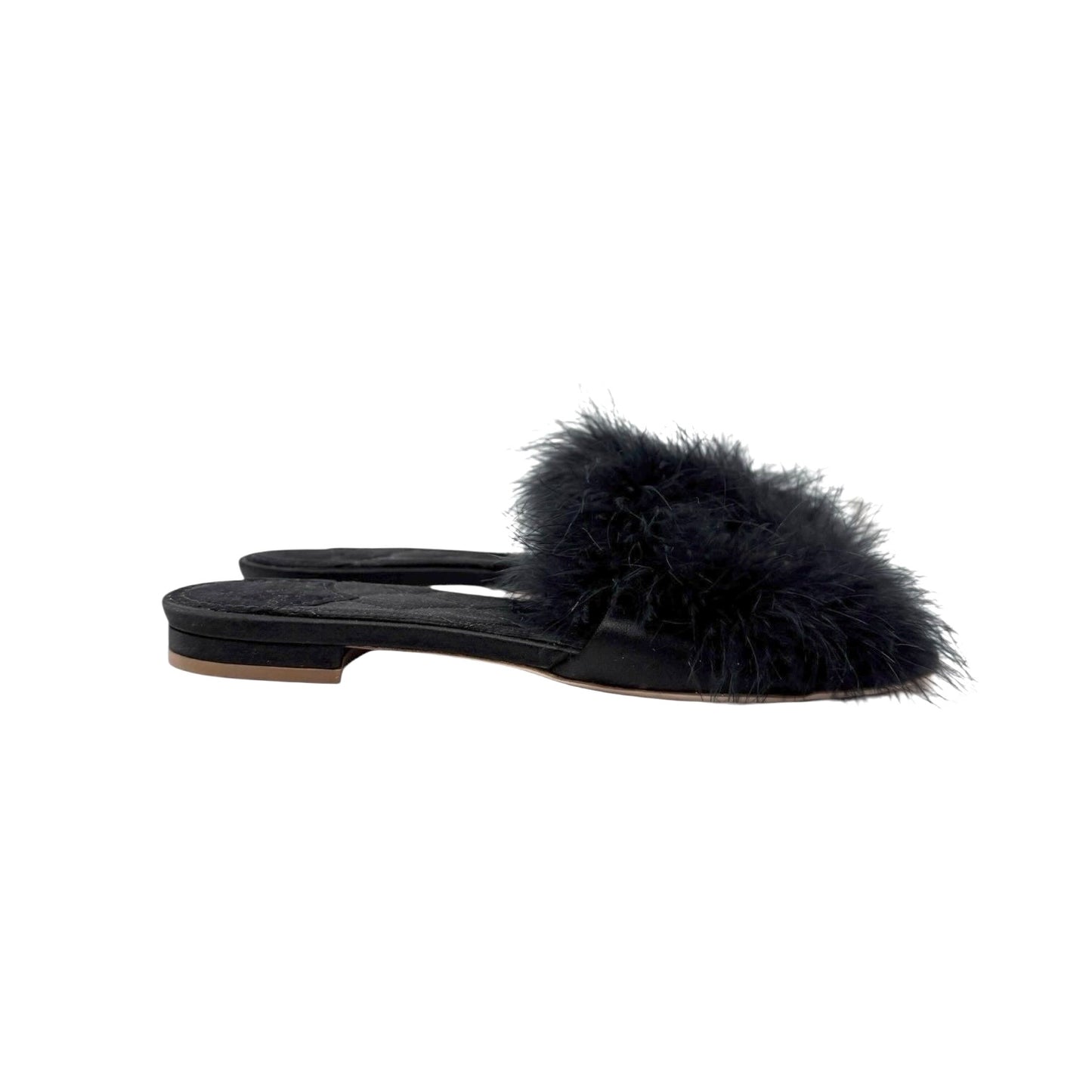 LOUIS VUITTON Vintage LV Logo Fur Flat Sandals #38 Rhinestone Black Gold Suede