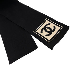 CHANEL Sport Vintage 03A CC Mark Logo Knit Scarf Shawl Black Beige Cotton