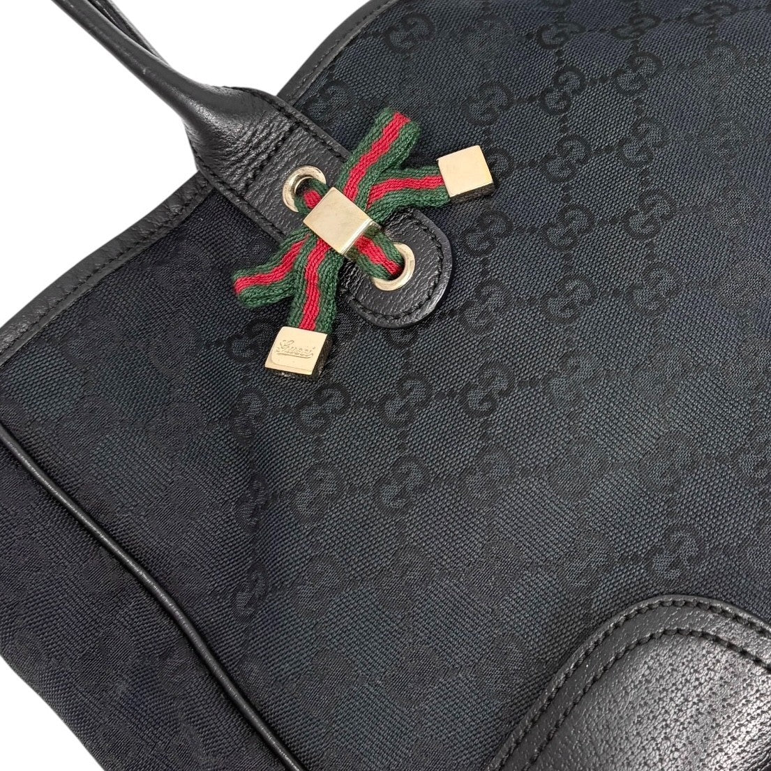 GUCCI Vintage GG Monogram Web Stripe Ribbon Tote Shoulder Bag Black 902464