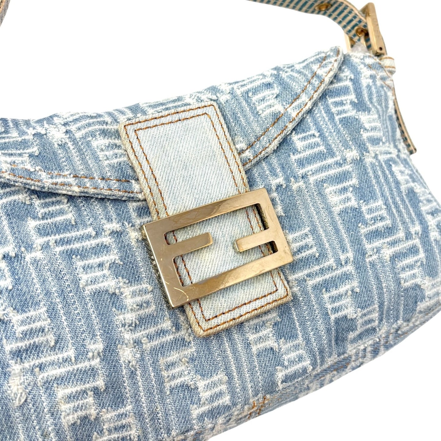 FENDI Vintage FF Zucca Monogram Denim Mamma Baguette Shoulder Bag Blue Gold