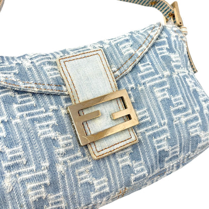 FENDI Vintage FF Zucca Monogram Denim Mamma Baguette Shoulder Bag Blue Gold