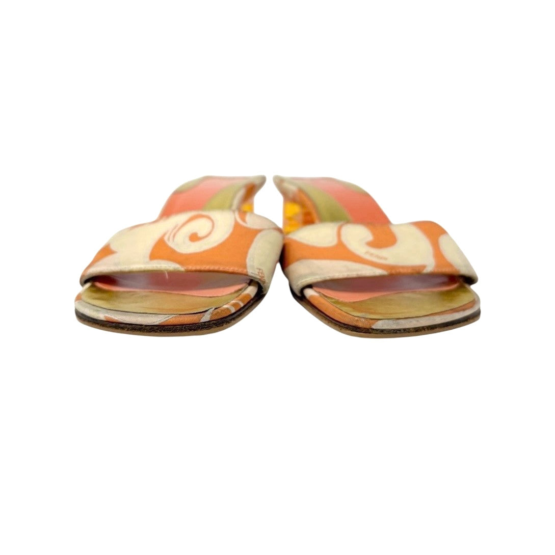 FENDI Vintage FF Logo Sandals Block Heels #36.5 Orange Gold Canvas Leather