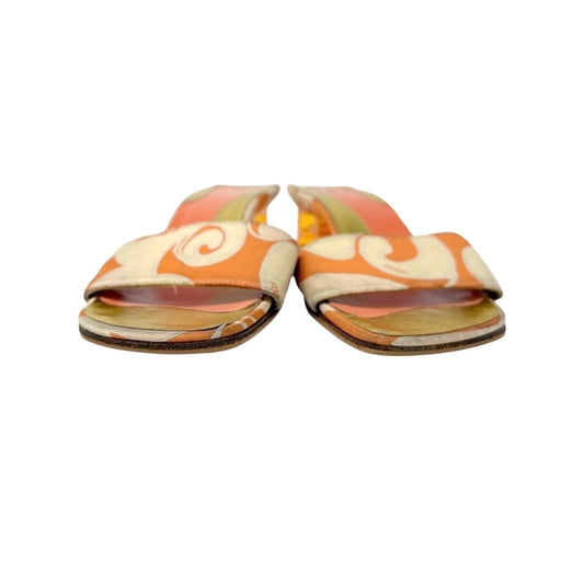 FENDI Vintage FF Logo Sandals Block Heels #36.5 Orange Gold Canvas Leather