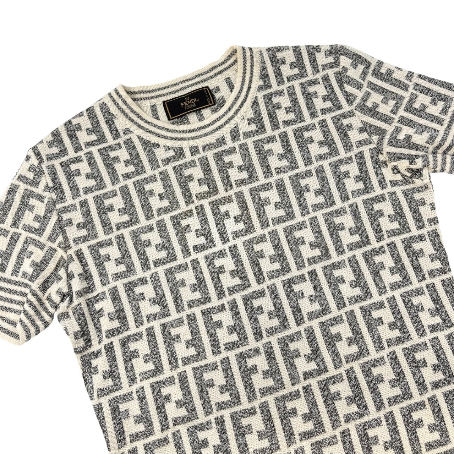 FENDI Vintage Zucca Monogram Short Sleeve Sweater Knit Top Cotton Gray Cream