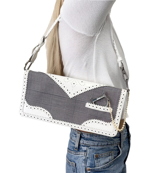 Christian Dior Vintage D'trick Beads Bag Gray White Cotton Leather 902922