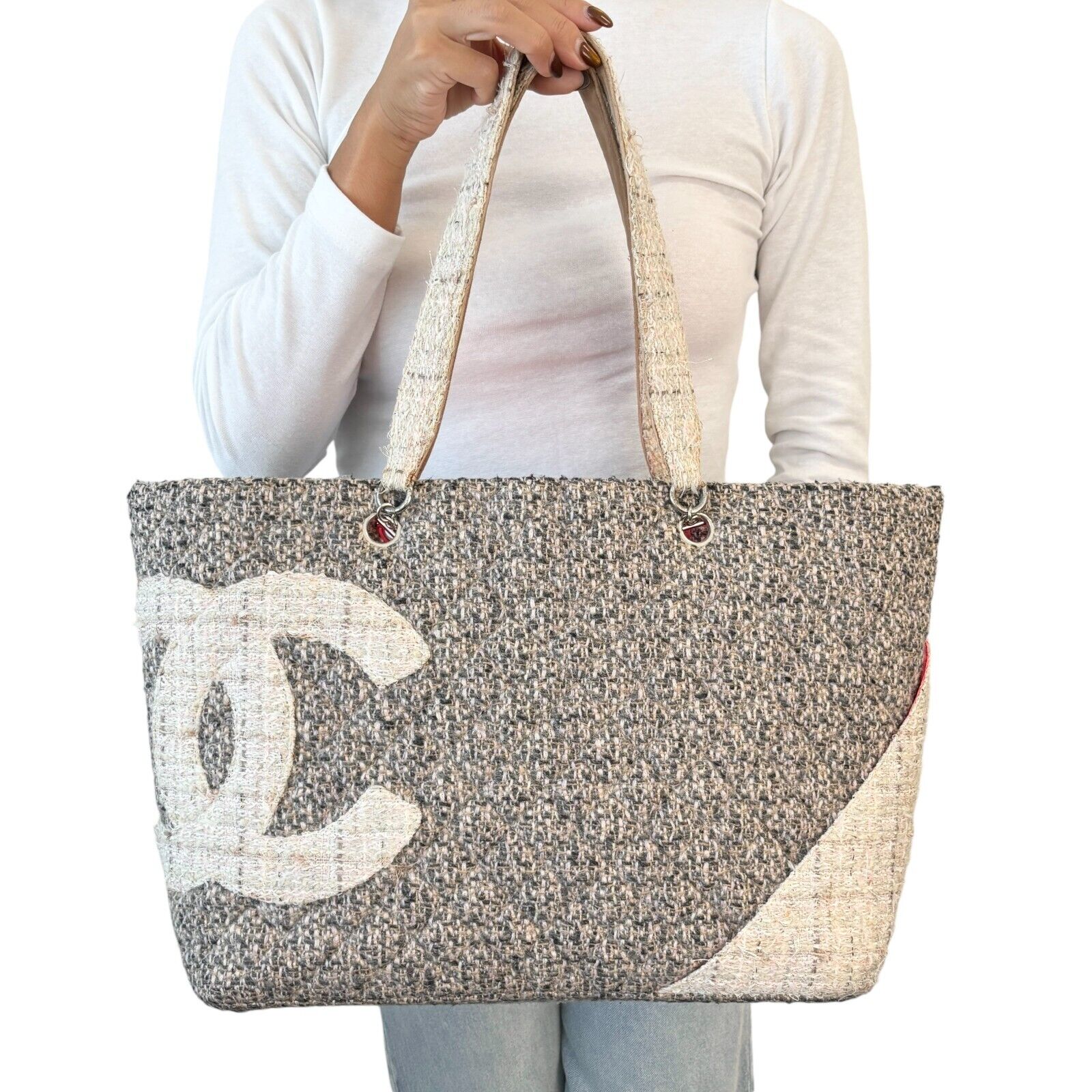 CHANEL Vintage Big CC Logo Cambon Line Tweed Tote Bag Gray Pink Wool Rank AB