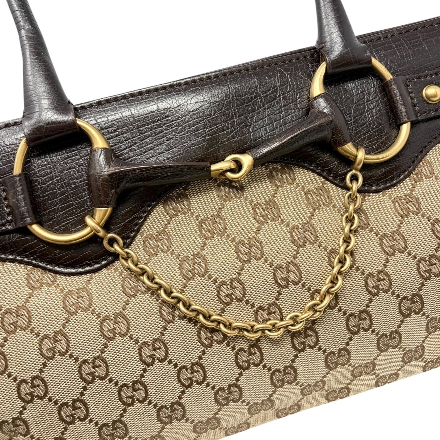 GUCCI Vintage GG Monogram Horsebit Chain Tote Bag Beige Brown Canvas 902254