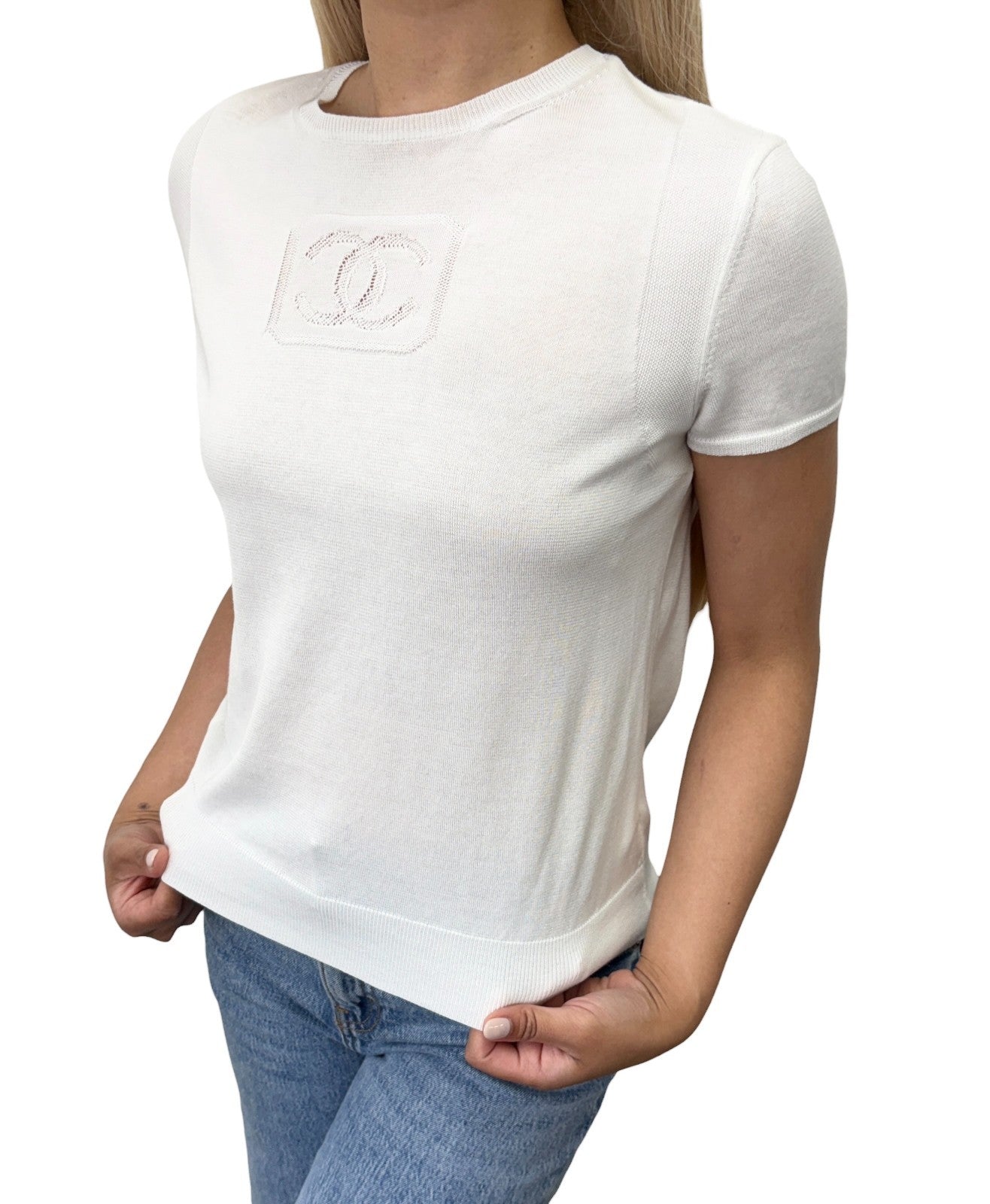 CHANEL Vintage 03P CC Logo Mesh Knit T-shirt Top #38 White Cotton 902422