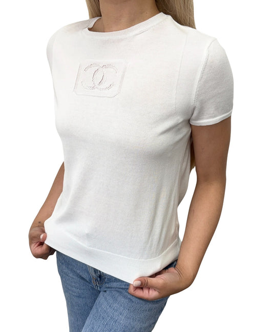 CHANEL Vintage 03P CC Logo Mesh Knit T-shirt Top #38 White Cotton 902422