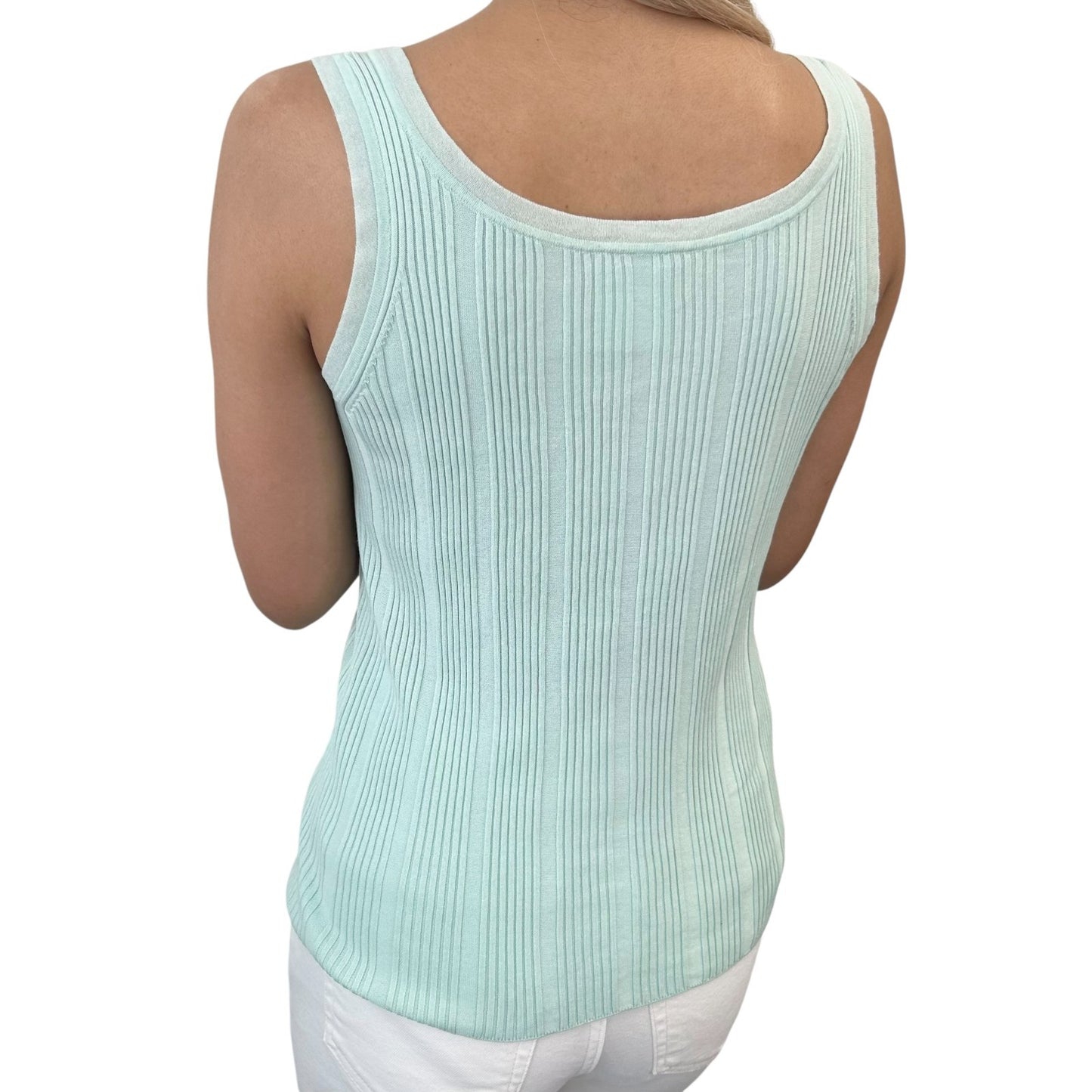 CHANEL Vintage 07P CC Logo Ribbed Tank Top #36 Sleeveless Button Mint Green