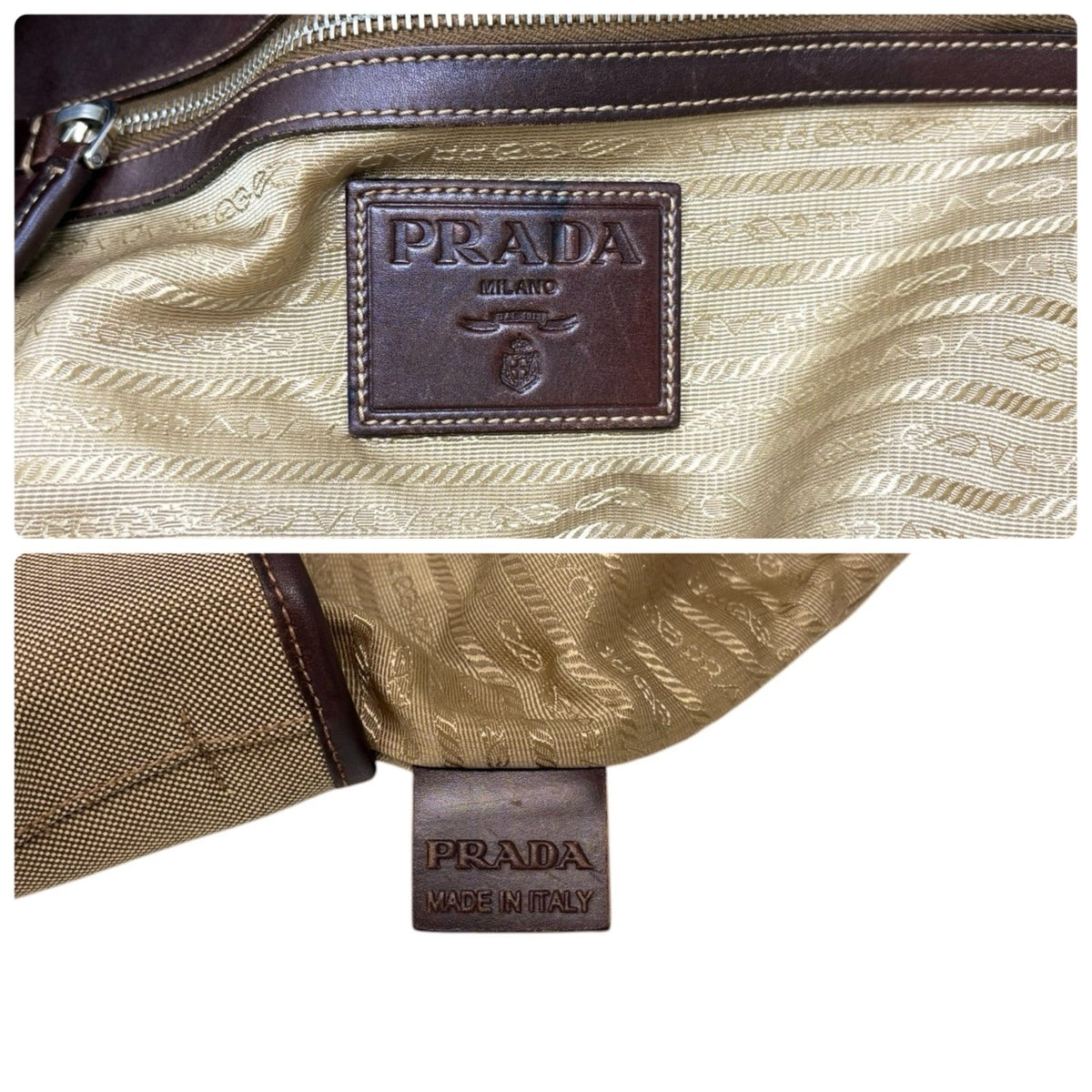 PRADA Vintage Jacquard Logo Tote Bag Brown Silver Canvas Leather 902911