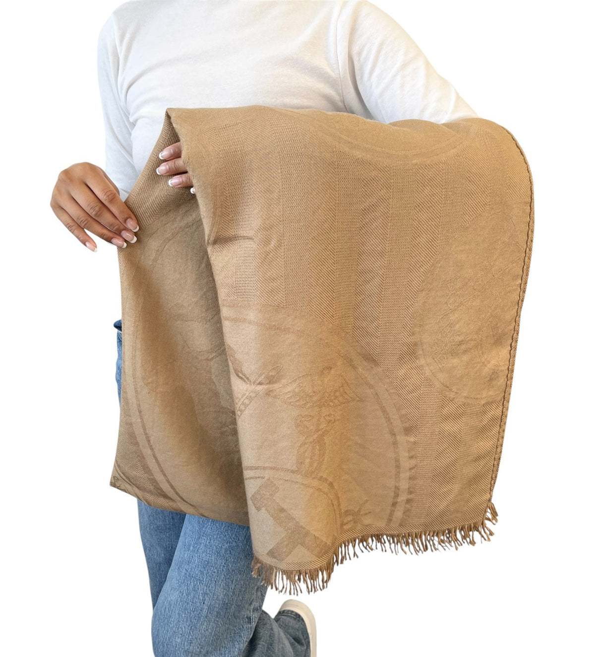 HERMES Vintage H Logo Cashmere New Libris Shawl Scarf Wrap Beige Silk 902845