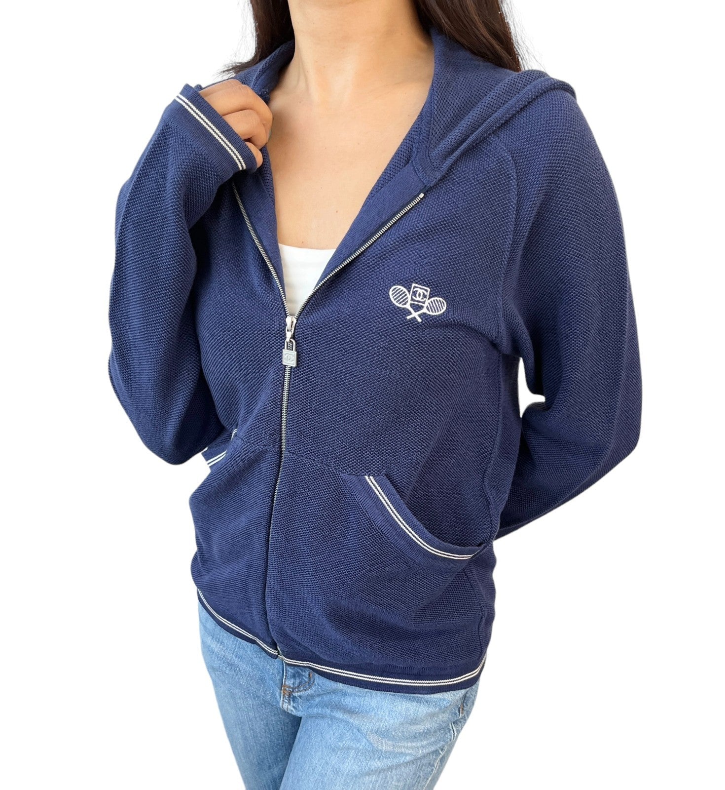 CHANEL Sport Vintage 05P CC Tennis Zipped Hoodie Jacket #38 Dark Blue Cotton