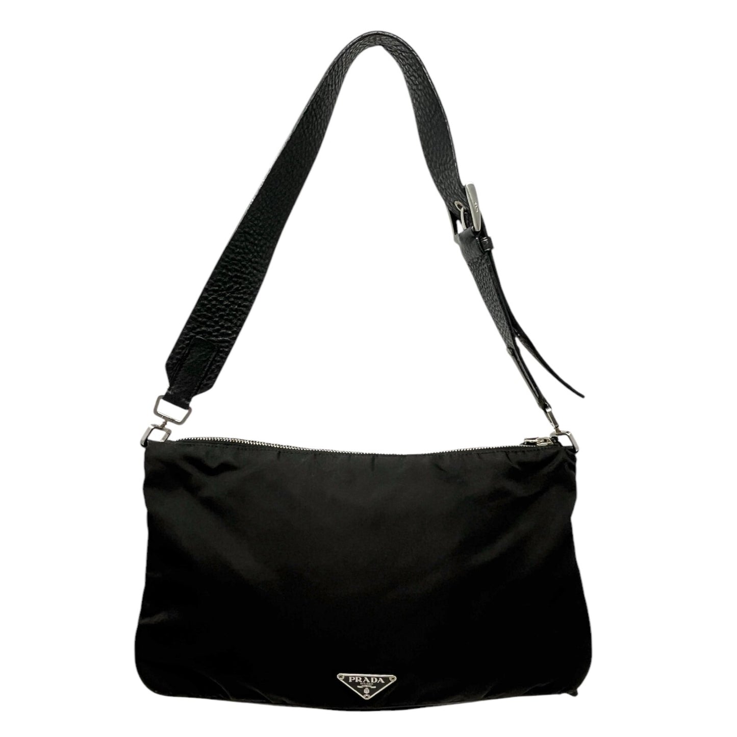 PRADA Vintage Logo Shoulder Bag Zip Padlock Black Silver Nylon Leather