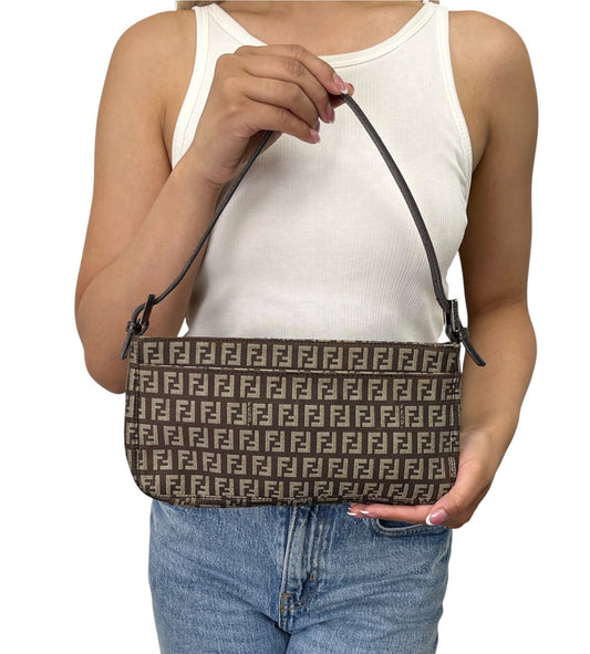FENDI Vintage Logo Zucchino Shoulder Bag Pochette Brown Canvas Pocket 902351