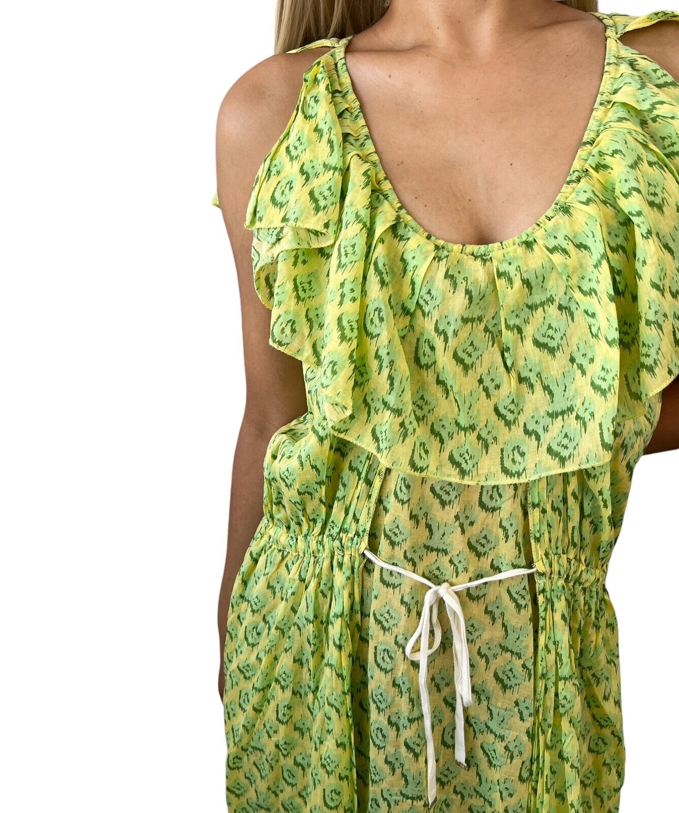 LOUIS VUITTON Vintage Monogram Dress #M Tunic Top Frill Green Cotton Rank AB