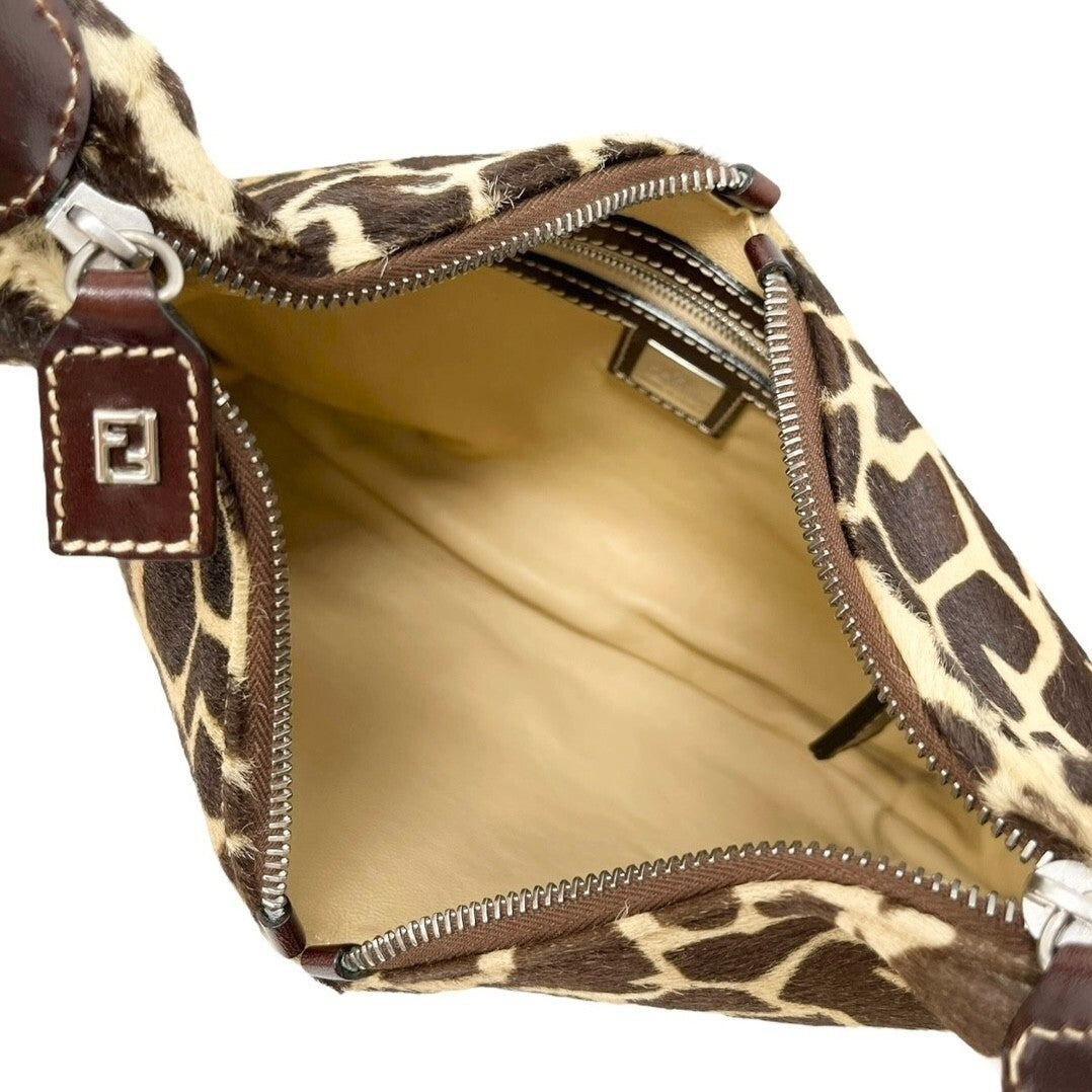 FENDI Vintage Zucca Logo Giraffe Print Shoulder Bag Brown Beige Calf Hair