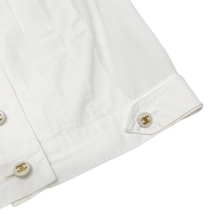 CHANEL Vintage CC Mark Button Cropped Shirt Top White Gold Cotton Rank AB+