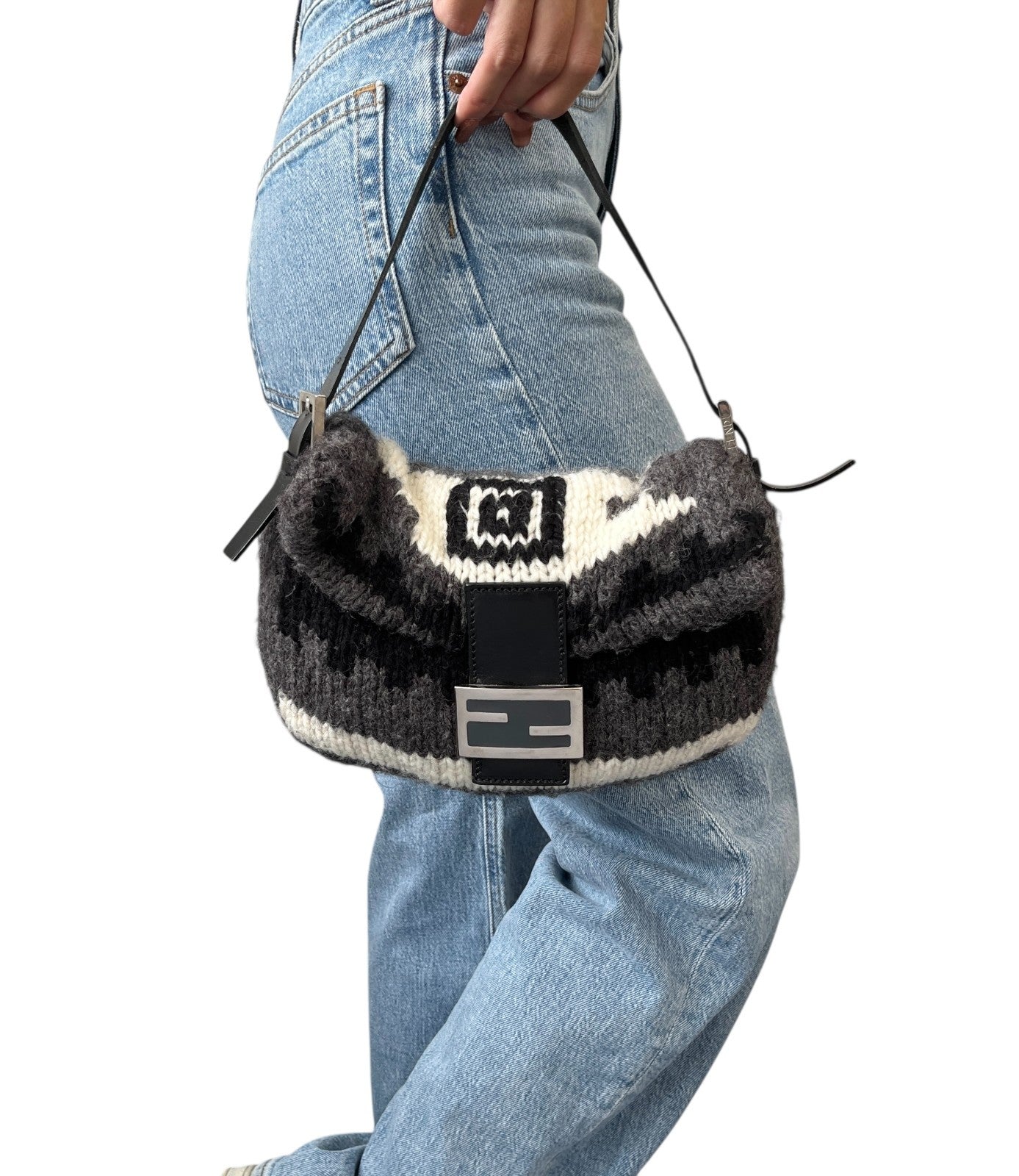 FENDI Vintage FF Logo Knit Mamma Baguette Shoulder Bag Black Gray Silver Wool