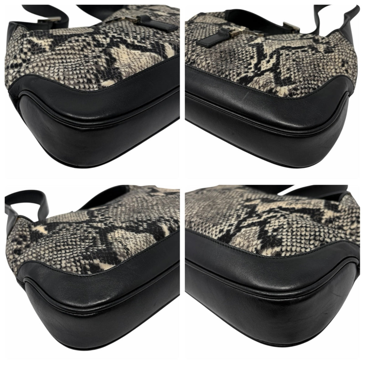 GUCCI Vintage Logo Jackie Snake Print Shoulder Bag Black White Nylon 901854