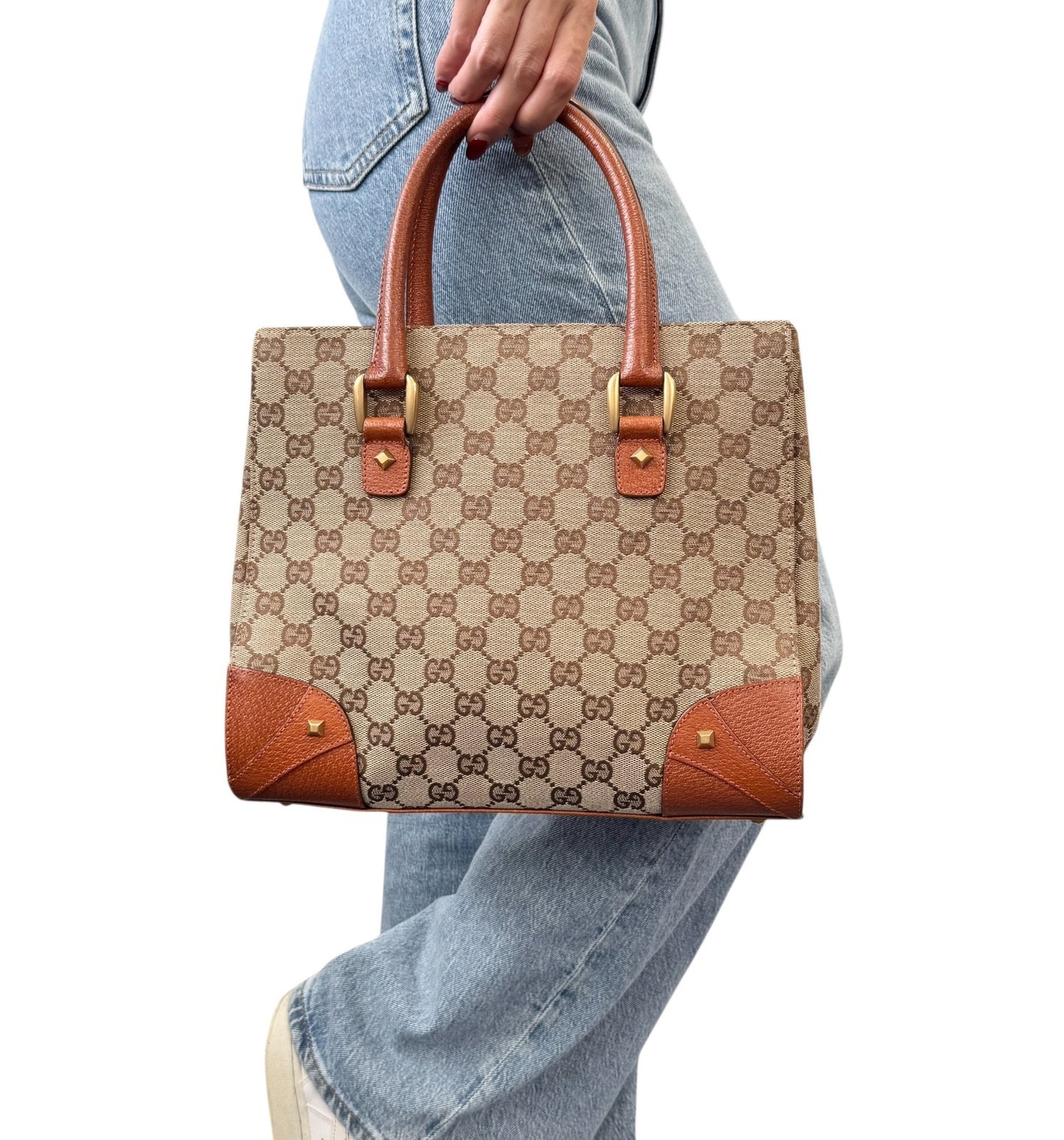 GUCCI Vintage GG Canvas Monogram Tote Bag Nailhead Orange Brown Studs Leather