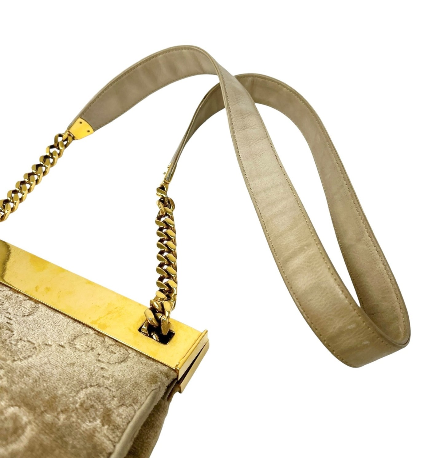 GUCCI Vintage GG Monogram Logo Shoulder Bag Crossbody Cream Gold Velour Leather