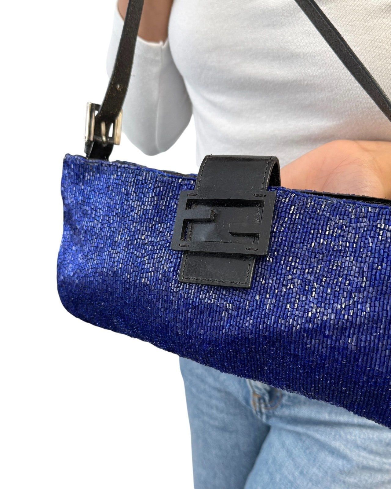 FENDI Vintage FF Logo Beads Mamma Baguette Crossbody Shoulder Bag Blue Black