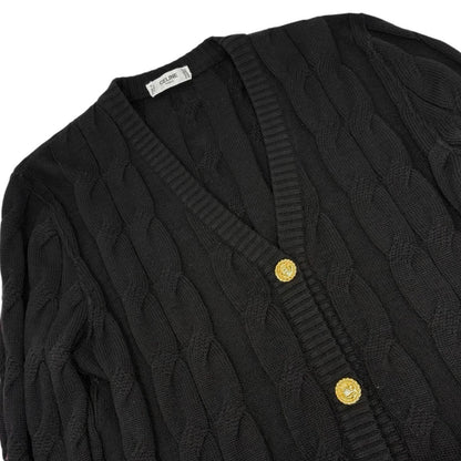 CELINE Vintage Logo Cable Knit Cardigan Top Button Black Gold 902914