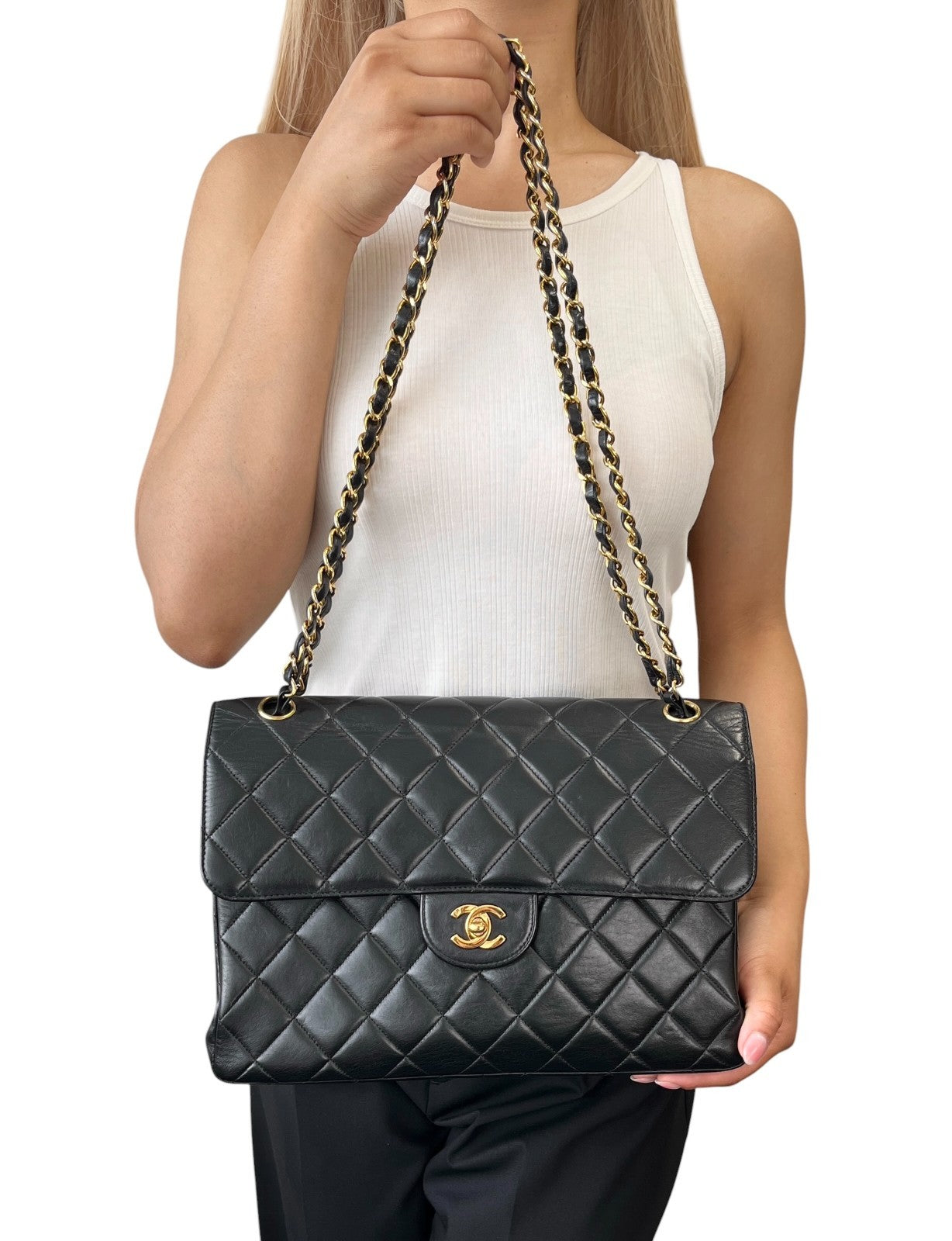 CHANEL Vintage CC Logo Quilted Double Flap Shoulder Bag Black Leather 902285