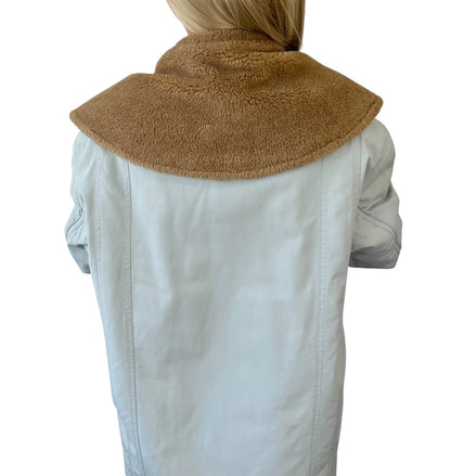 CHANEL Sport Vintage 01A CC Fur Collar Coat Jacket #38 Light Blue Brown 902901