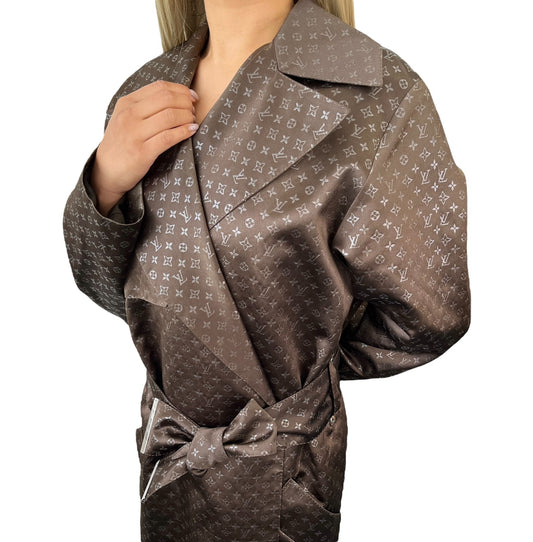 LOUIS VUITTON Vintage Monogram Silk Trench Coats Jacket Belt #36 Brown Silver
