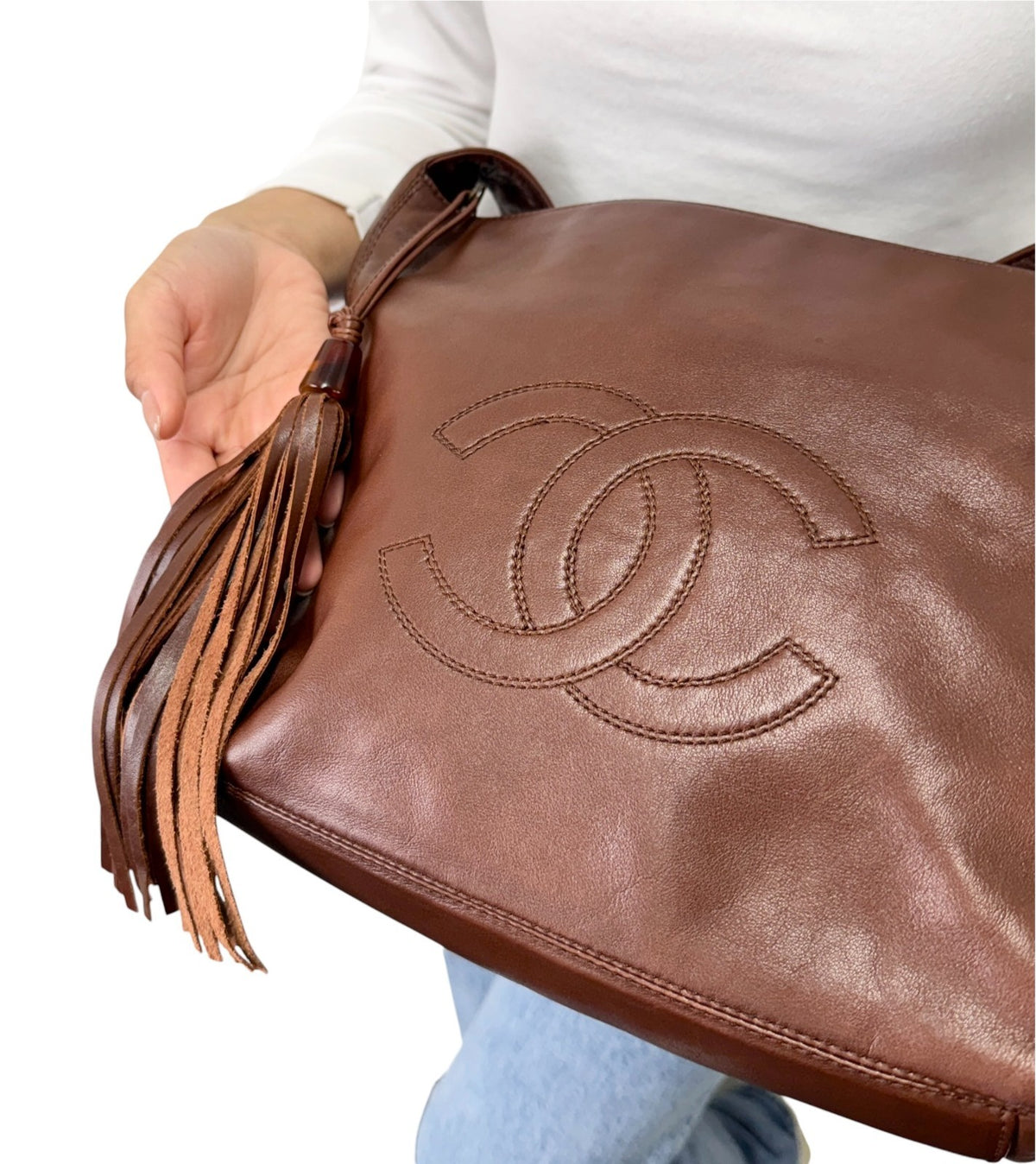 CHANEL Vintage CC Logo Stitch Tassel Shoulder Crossbody Bag Brown 902921