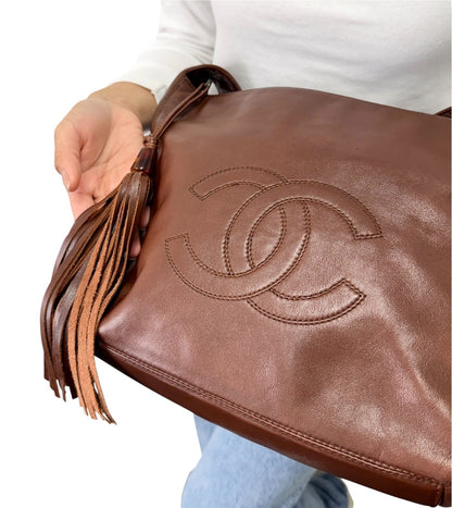 CHANEL Vintage CC Logo Stitch Tassel Shoulder Crossbody Bag Brown 902921