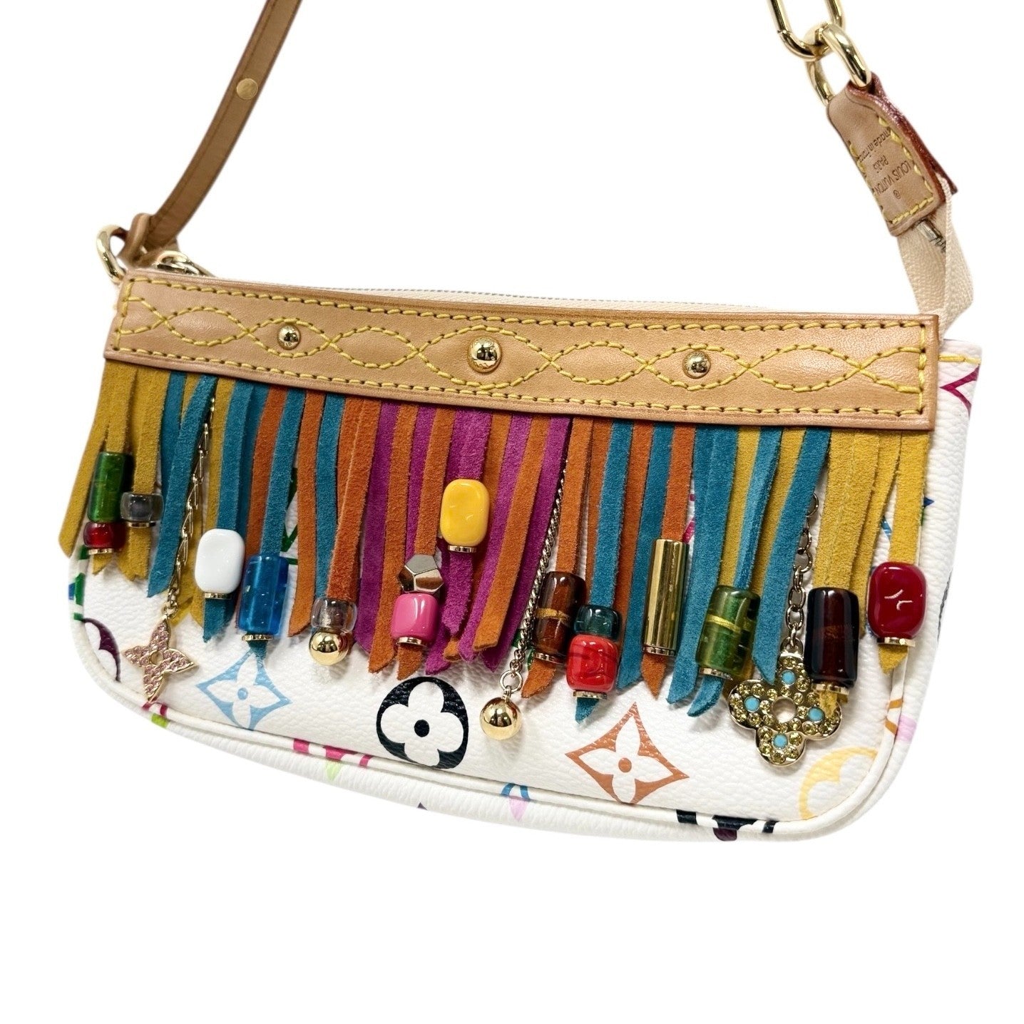 LOUIS VUITTON Vintage Monogram Multicolor Fringe Pochette Mini Bag White