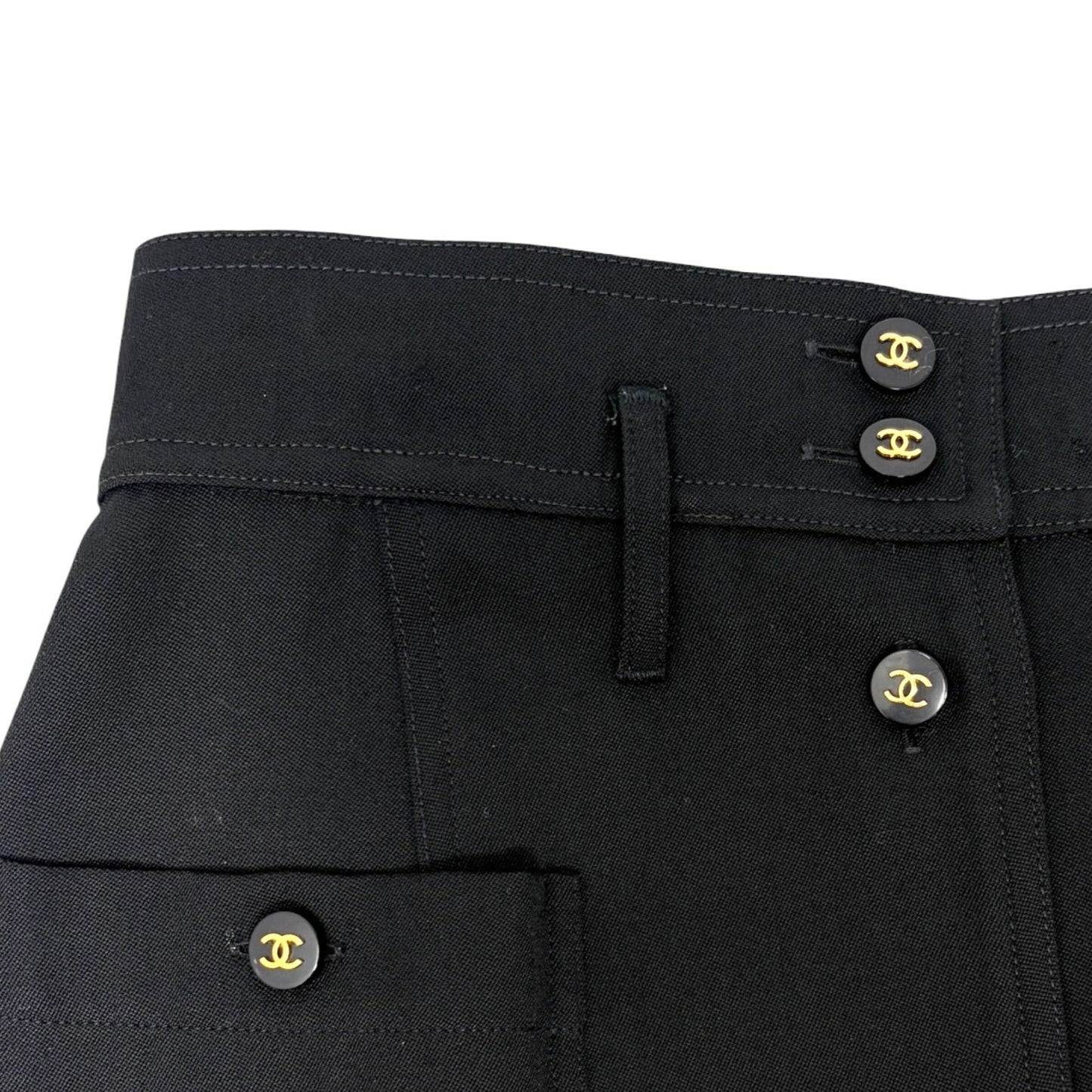 CHANEL Vintage CC Logo Button Knee Length Skirt #34 Black Gold Bottoms 902596