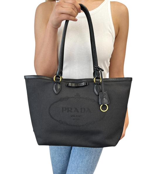 PRADA Vintage Milano Jacquard Logo Canvas Shoulder Tote Large Bag Black Ribbon