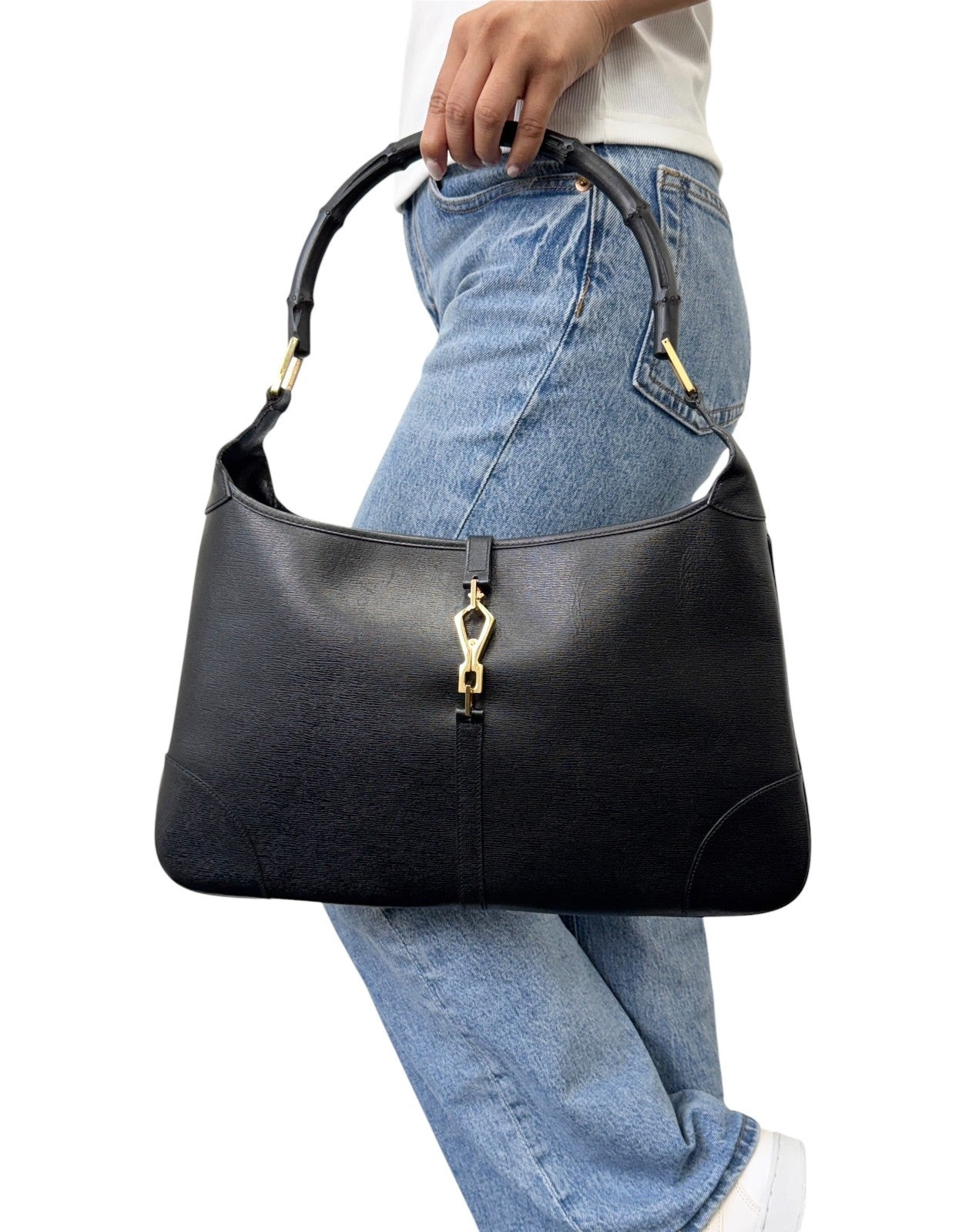GUCCI Vintage Bamboo Jackie Hobo Shoulder Bag Black Gold Leather 902435