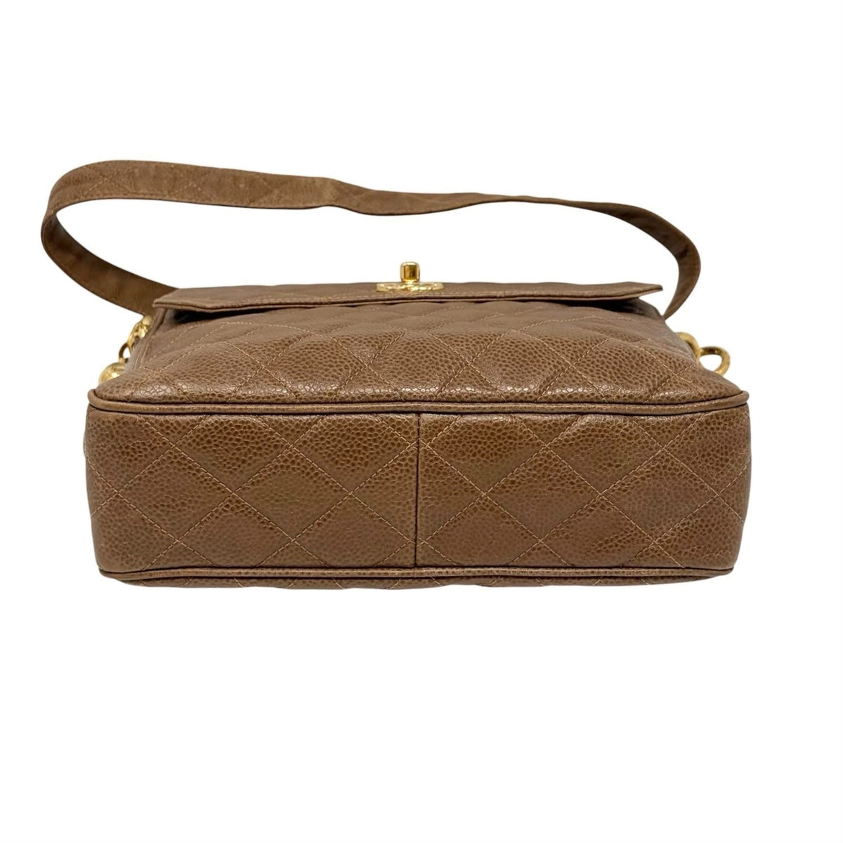 CHANEL Vintage CC Chain Turnlock Quilted Flap Shoulder Bag Brown Leather 902364