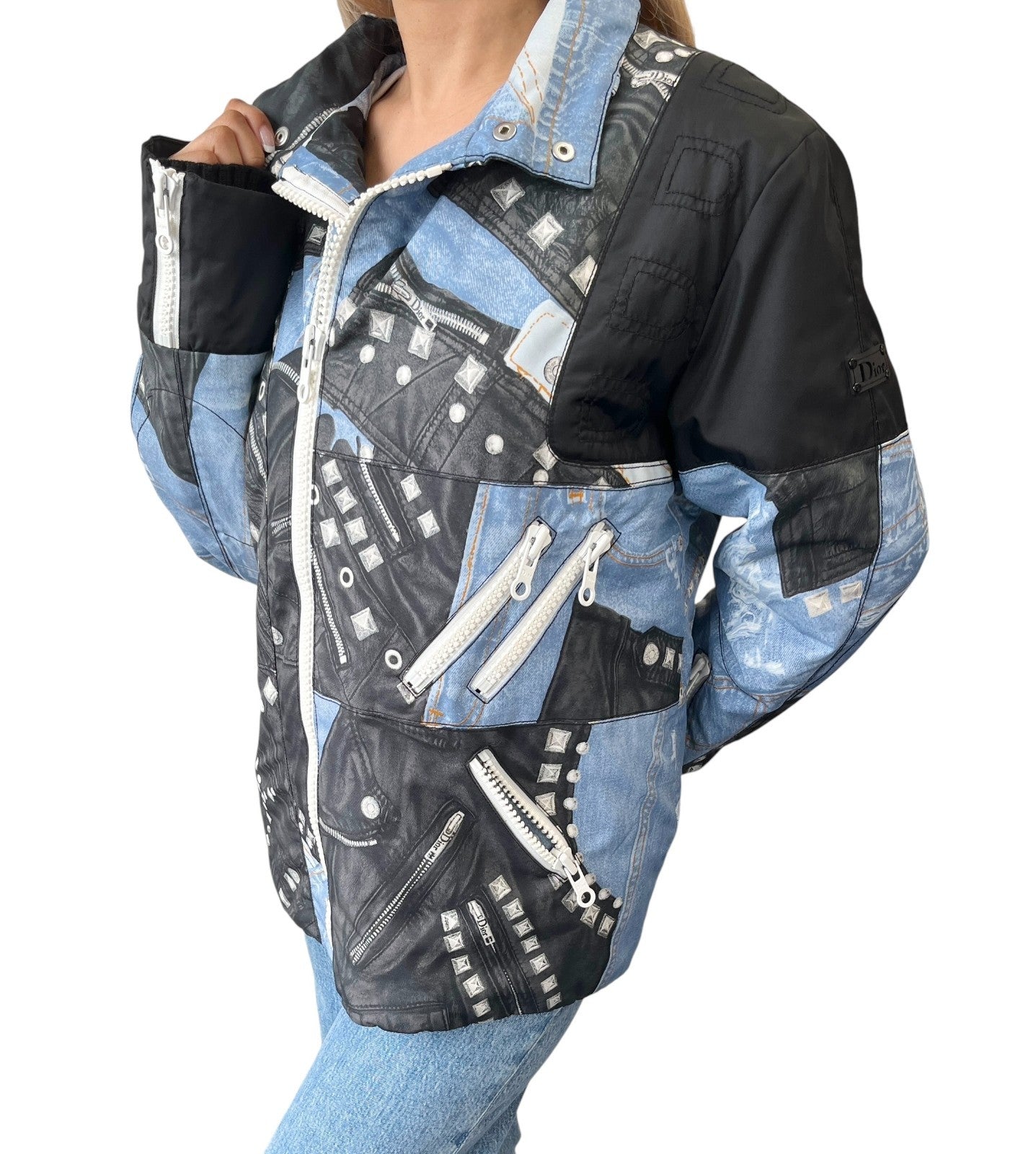 Christian Dior Vintage 2004 Logo Puffer Jacket Zip #44 Black Blue White Pocket