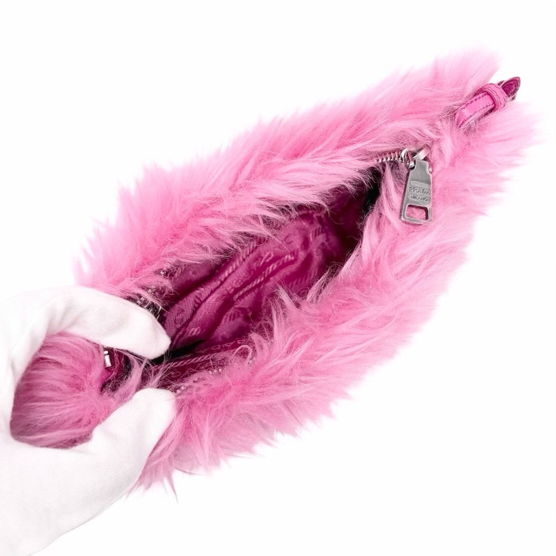 PRADA Vintage Logo Faux Fur Pelliccia Clutch Bag Wristlet Pouch Pink 902250