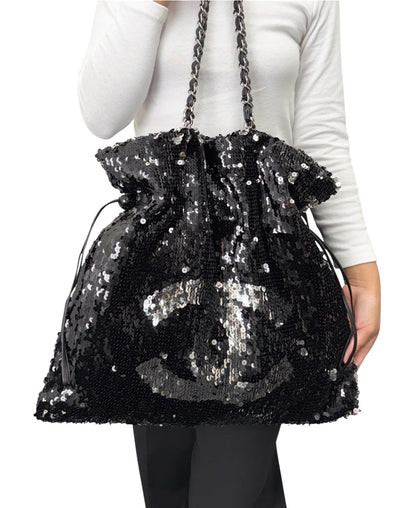CHANEL Vintage CC Logo Sequins Chain Shoulder Bag Black Silver Leather 902476