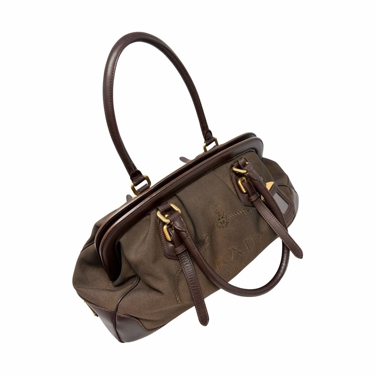 PRADA Vintage Milano Jacquard Shoulder Boston Bag Brown Gold 902455