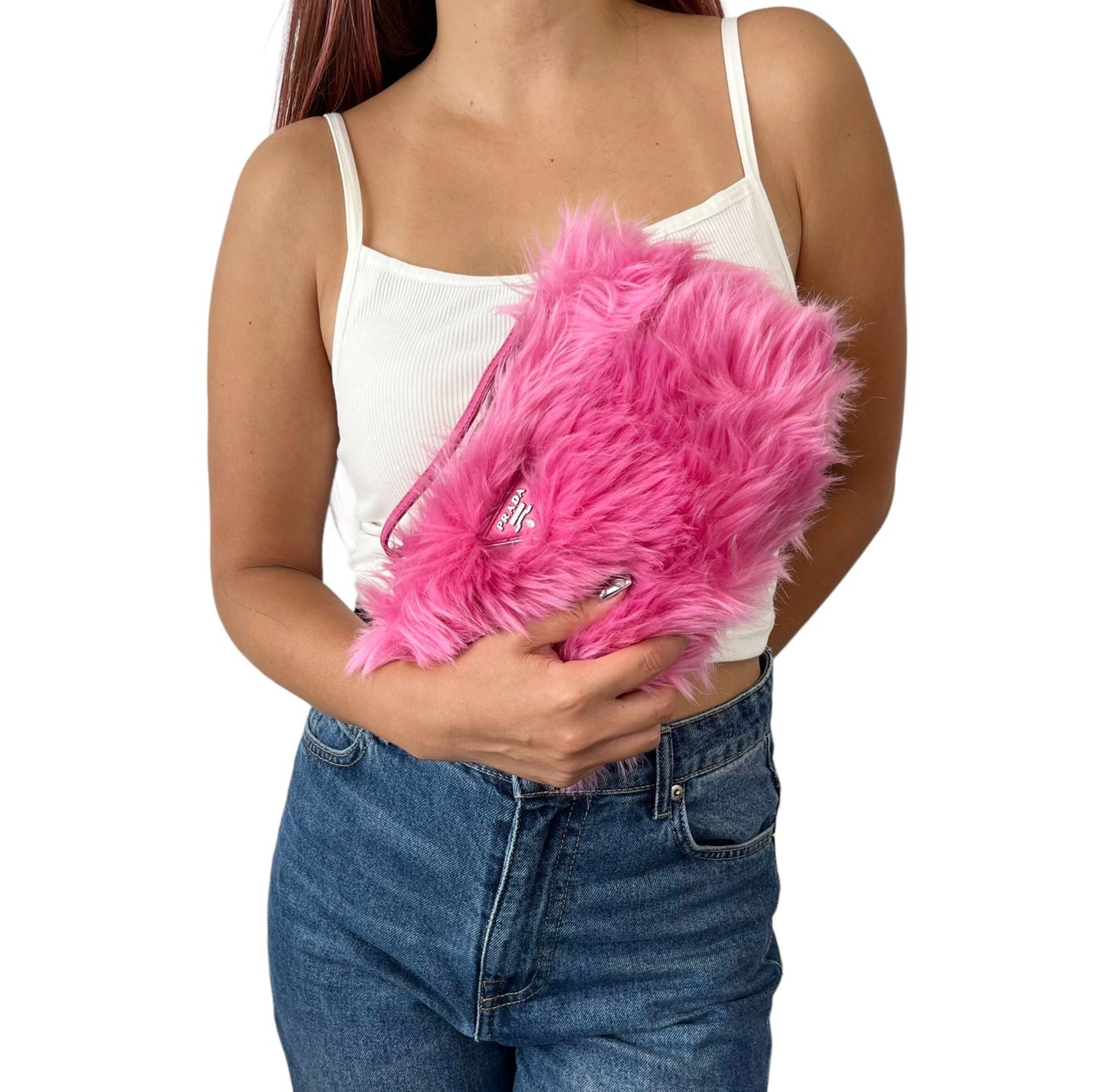 PRADA Vintage Logo Faux Fur Pelliccia Clutch Bag Wristlet Pouch Pink 902250