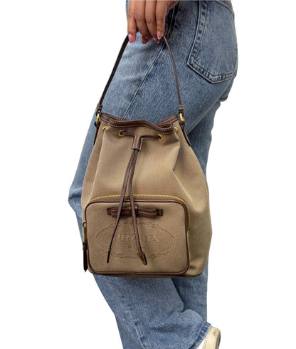 PRADA Vintage Jacquard Shoulder Top Handle Bag Beige Brown Canvas 902339