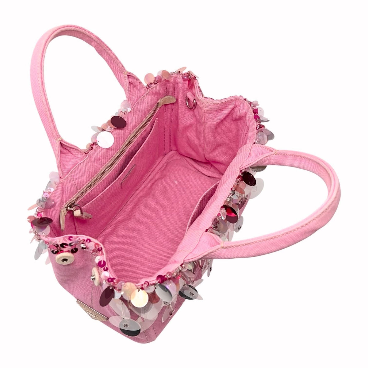 PRADA Vintage Triangle Logo Canapa Sequin Beads Hand bag Pink Canvas 902371
