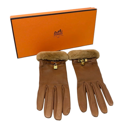 HERMES Vintage Kelly Cadena Fur Trim Lambskin Leather Gloves #7.5 Brown 902357