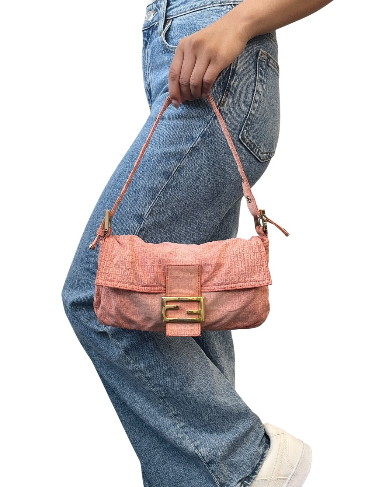 FENDI Vintage Zucchino Monogram Mamma Baguette Shoulder Bag Orange Pink Gold