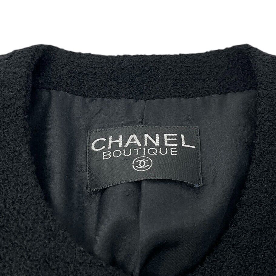 CHANEL Vintage CC Logo Long Tweed Jacket #M Coat Black Gold Wool Silk Button