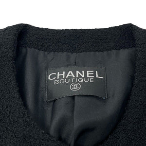CHANEL Vintage CC Logo Long Tweed Jacket #M Coat Black Gold Wool Silk Button