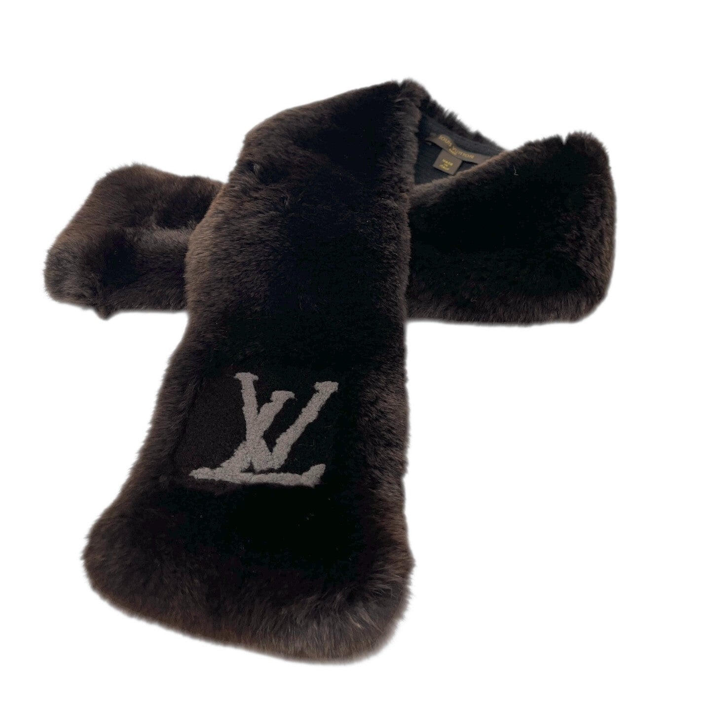 LOUIS VUITTON Vintage LV Logo Muffler Scarf Brown Gray Rabbit Fur Wool